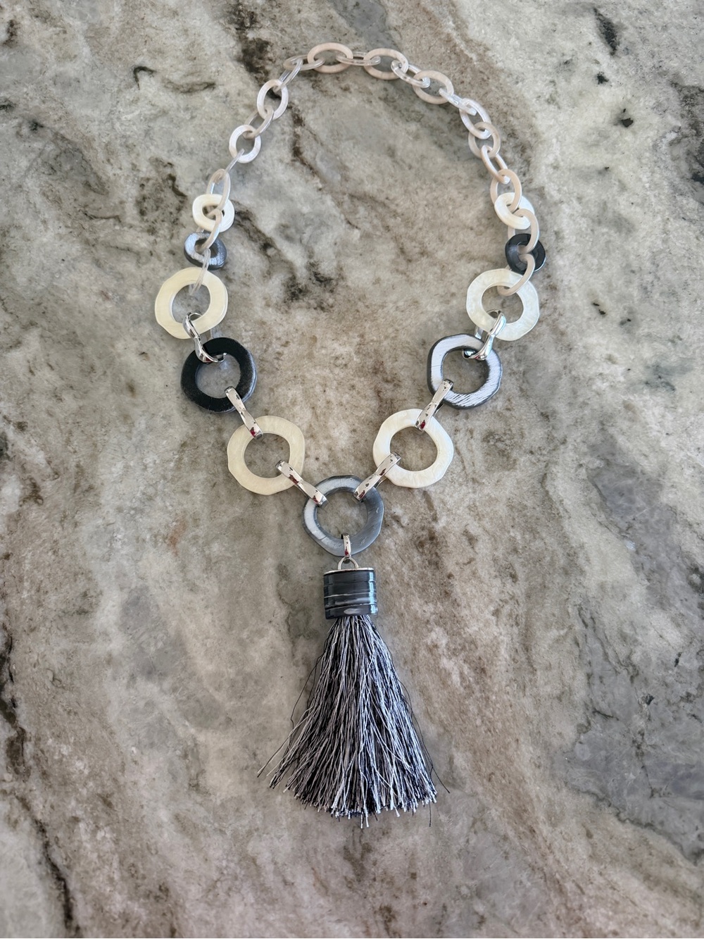 Women’s Mixed-Metal Ring Link Necklace with Gray Tassel